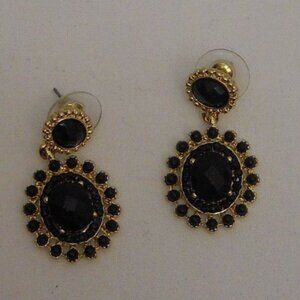 CHARLES KLEIN Drop Dangle Oval Earrings Gold Tones Black Gems Push Back